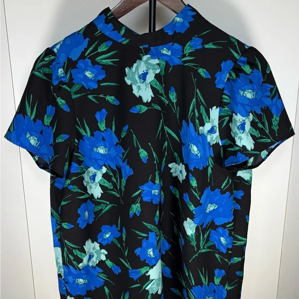 J. Crew Black Top with Blue and Green Floral Print